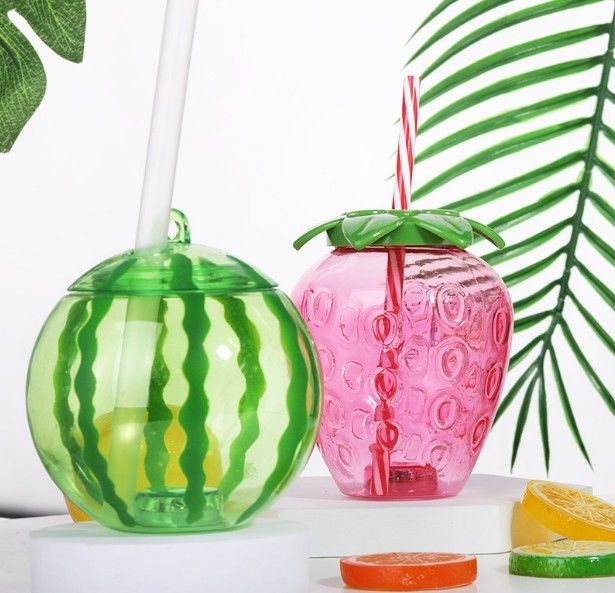 Customized Plastic Fruit Shape Cup with Straw Milk Tea Cup Portable Juice Bottle