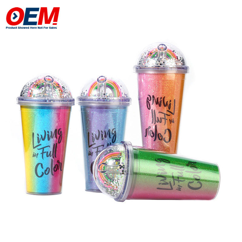 Customized PP Double Wall Cup With Straw OEM 450ml Plastic Cup Made High Quality Cute Unicorn Water Cup
