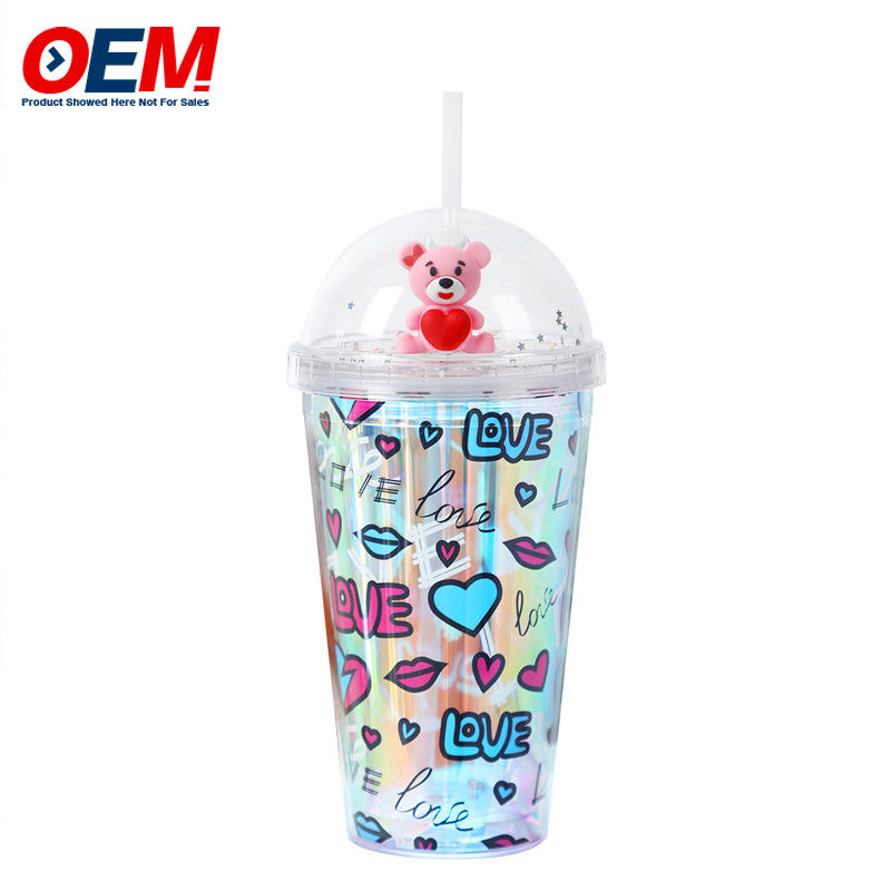 Customized PP Double Wall Cup With Straw OEM 450ml Plastic Cup Made High Quality Cute Unicorn Water Cup
