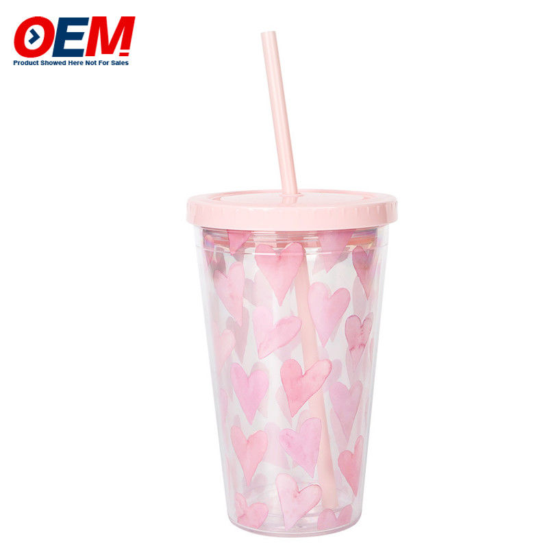 Customized PP Double Wall Cup With Straw OEM 450ml Plastic Cup Made High Quality Cute Unicorn Water Cup
