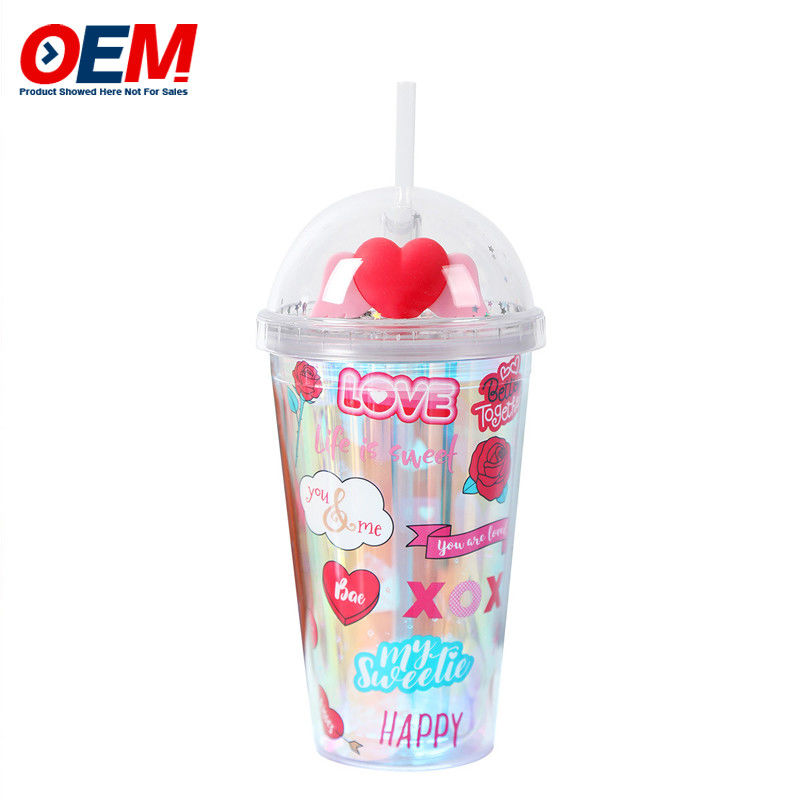 Customized PP Double Wall Cup With Straw OEM 450ml Plastic Cup Made High Quality Cute Unicorn Water Cup