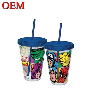 Supplier High Quality Customized Marvel Double Walled Plastic Travel Cup With Straw